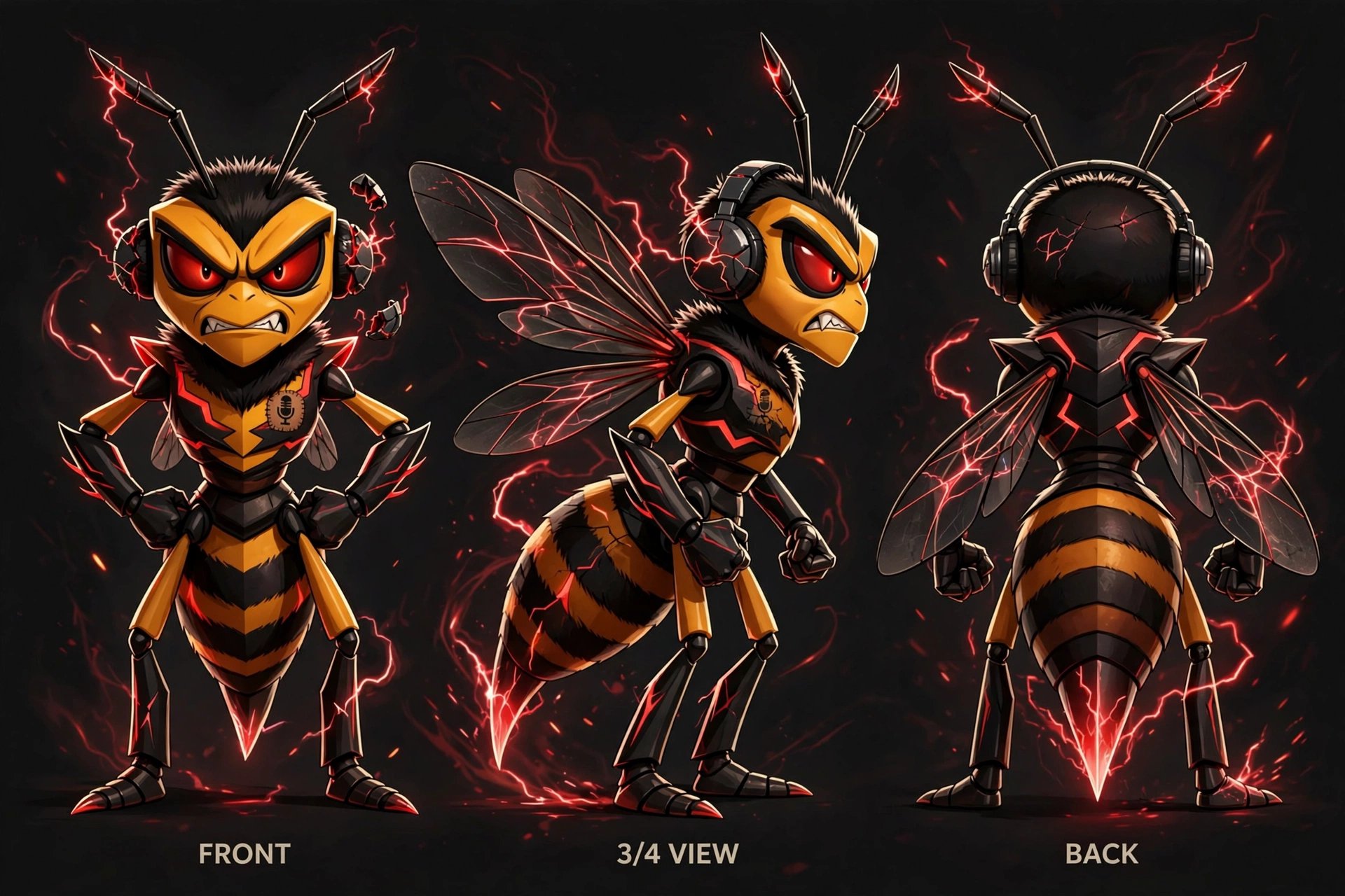 Angry wasp character turnaround design