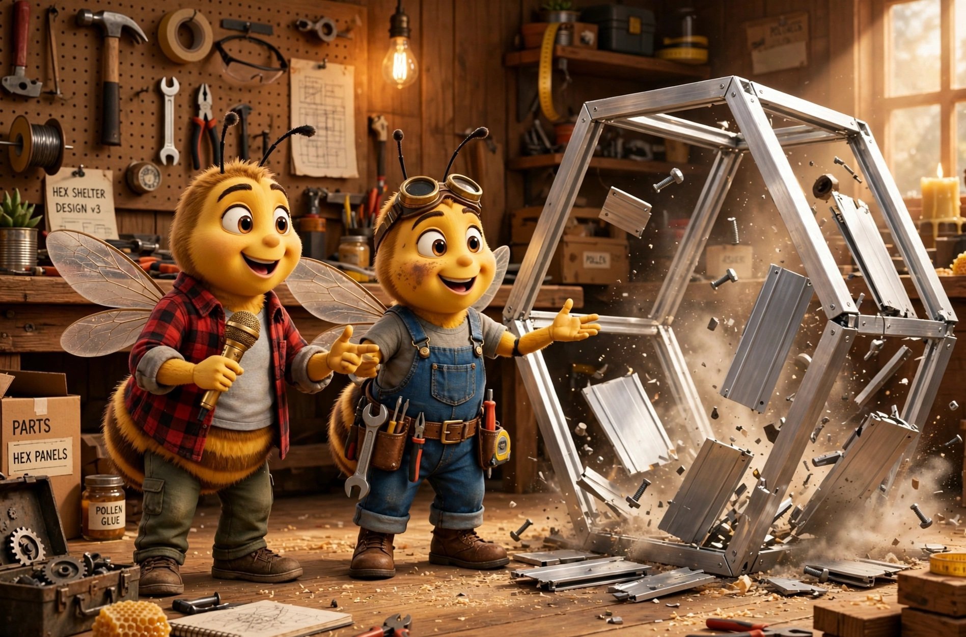 Howie-Bee and Tinker Bee building a hex shelter frame in a workshop