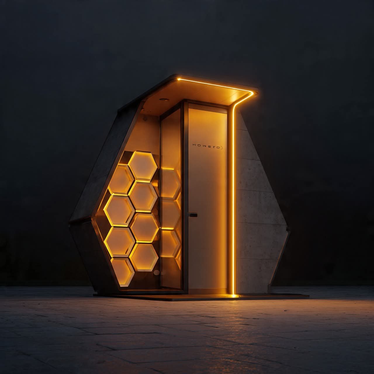 Luxury Pod — dark hexagonal pod with glowing honeycomb at night