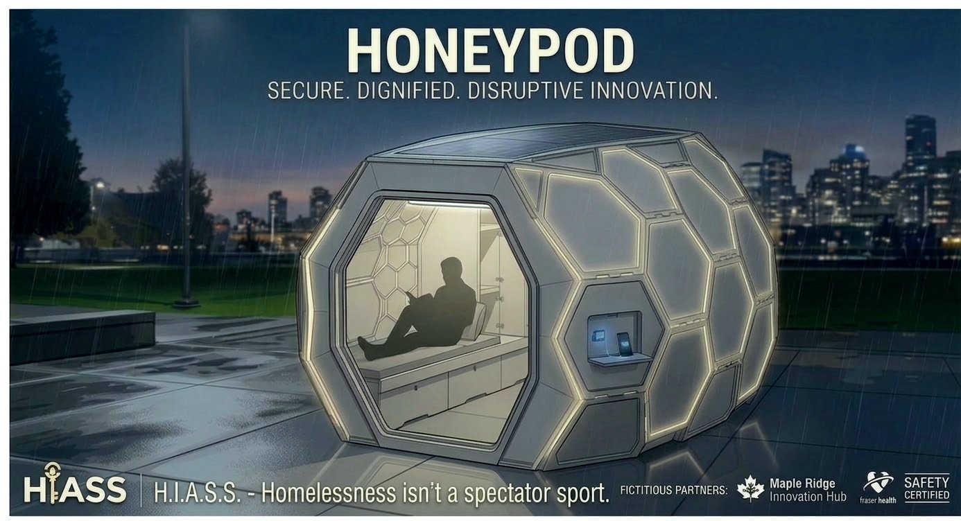 Concept render — secure, dignified hex pod shelter at night