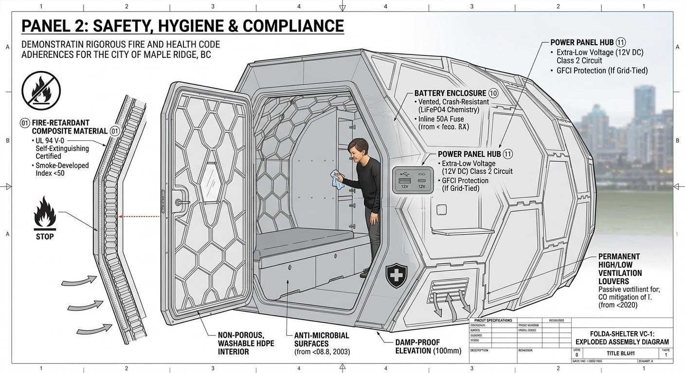 Panel 2 — Safety, hygiene and compliance exploded assembly diagram
