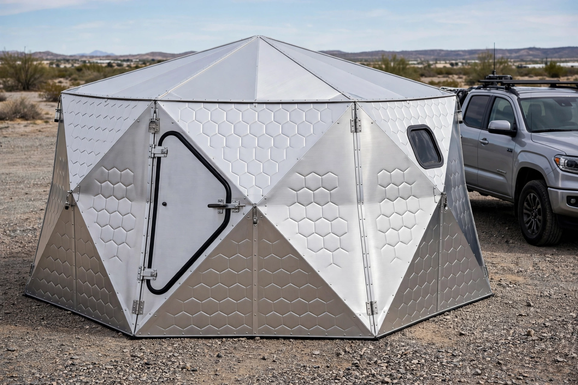 HoneyPod shelter erected — opened hexagonal popup shelter