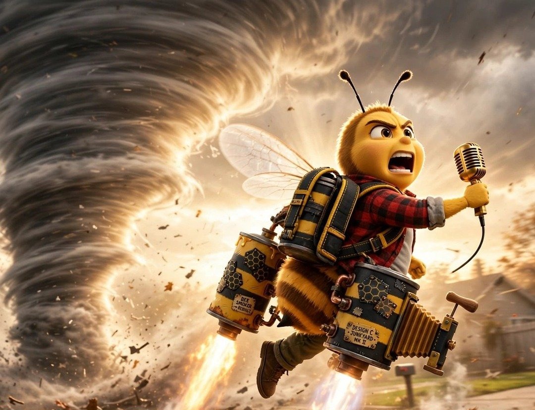 Bee with a jetpack escaping a tornado poster